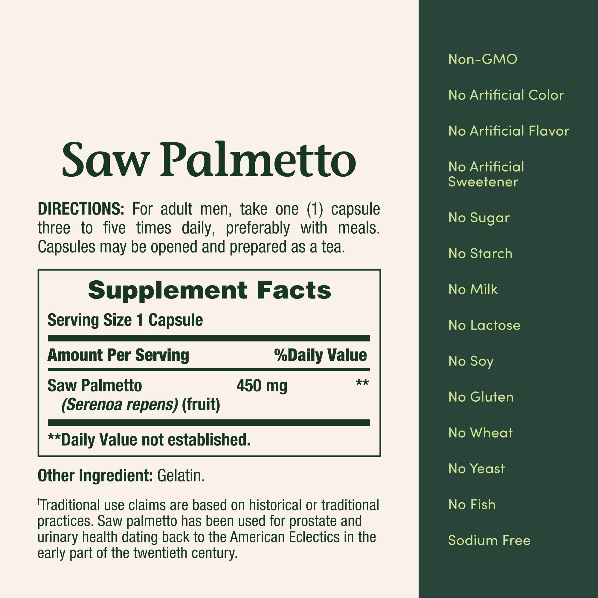 Guía rápida de uso de Nature's Bounty Saw Palmetto para dosificación diaria.