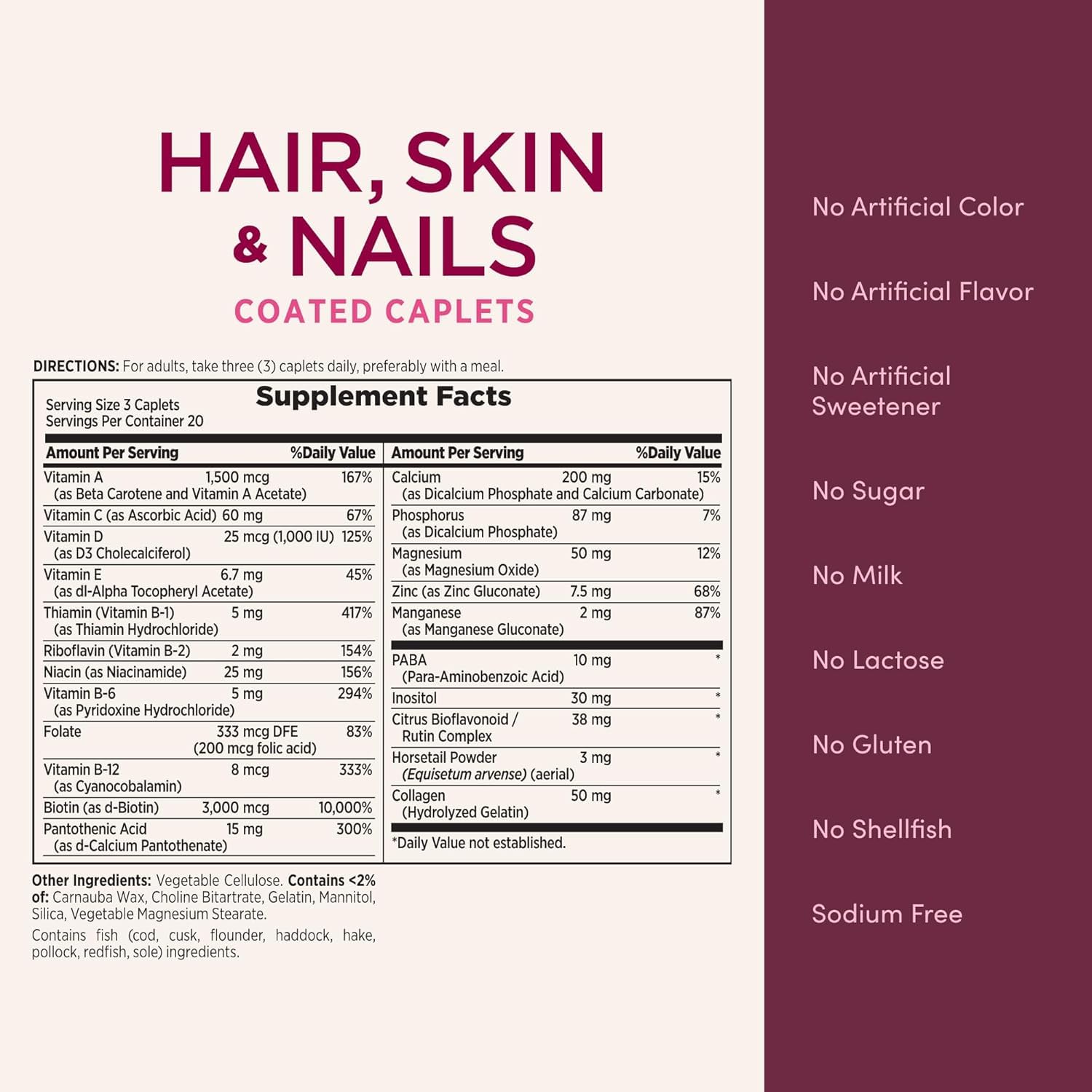 Nature's Bounty Hair Skin Nails: cápsulas sin sodio para perfiles de dieta bajos.