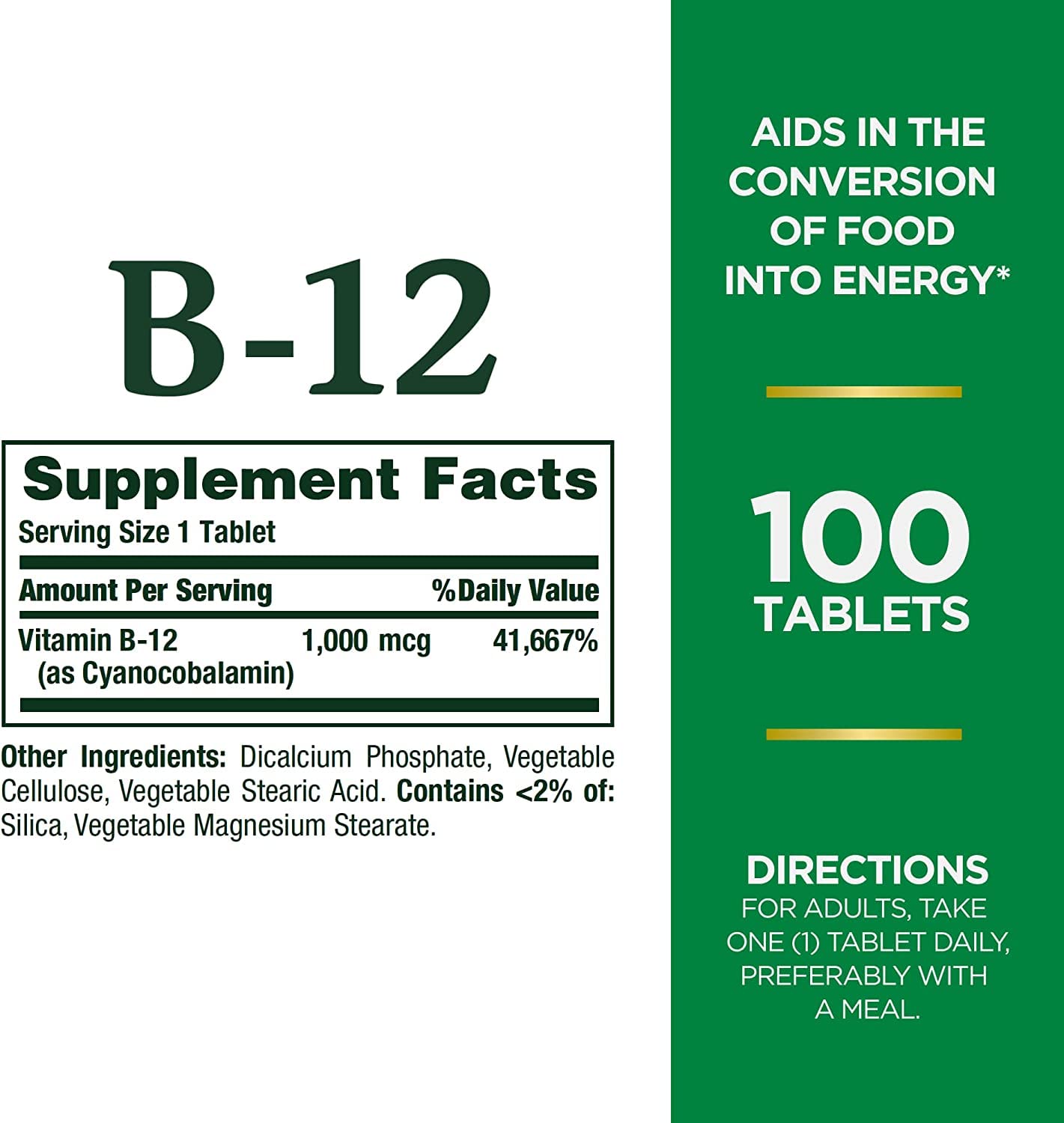 Nature's Bounty tabletas B12 1000 mcg etiqueta clara en el frasco