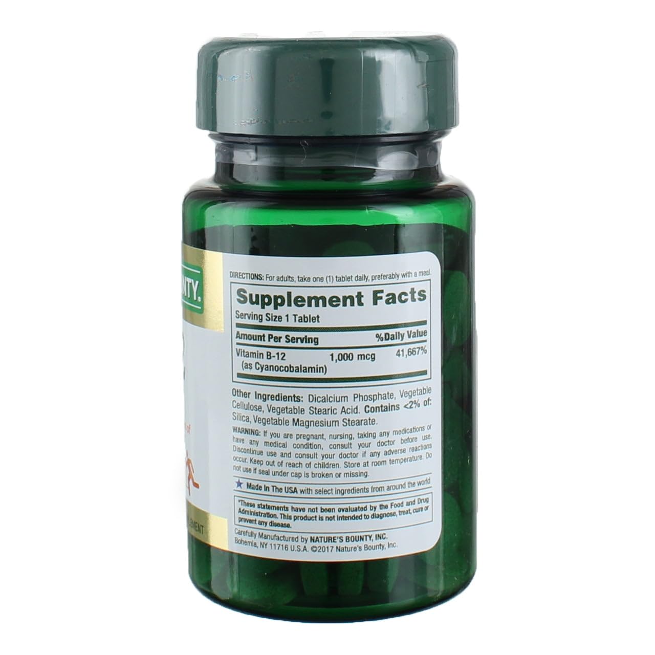 Nature's Bounty tabletas B12 1000 mcg frasco visto desde la parte posterior con etiqueta