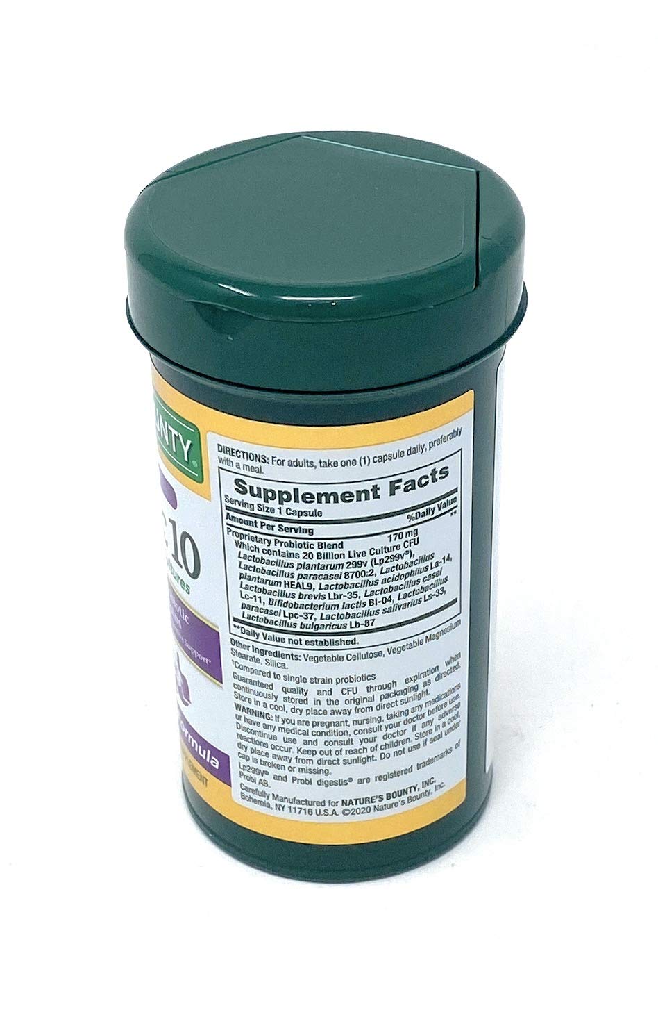 Nature's Bounty Ultra Strength Probiotic 10 etiqueta destaca 10 cepas para apoyo digestivo