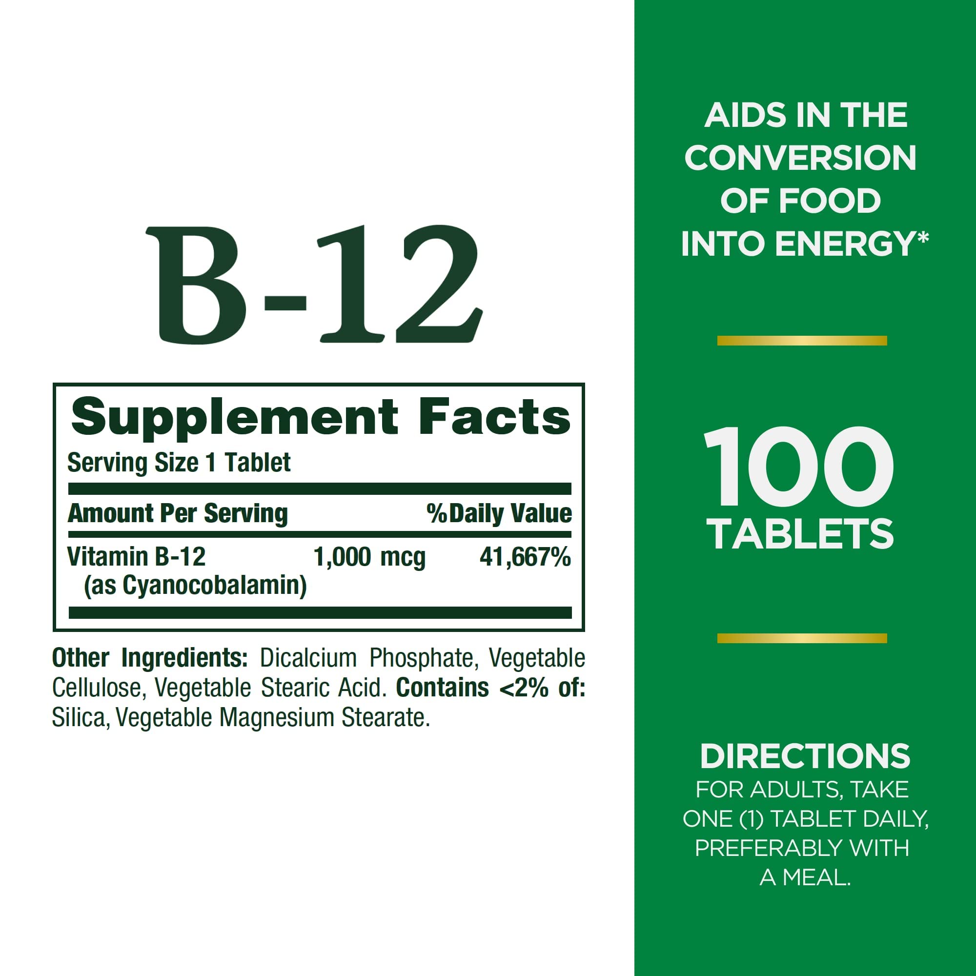 Nature's Bounty Vitamina B12, uso diario en tabletas, energía sostenida
