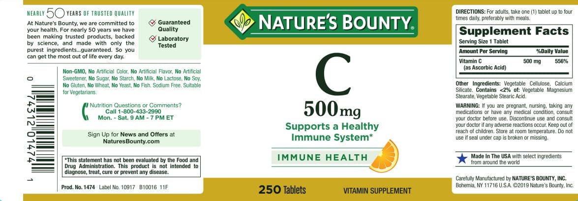 Nature's Bounty Vitamina C 500 mg, detalle de envase y cápsula, uso diario recomendado