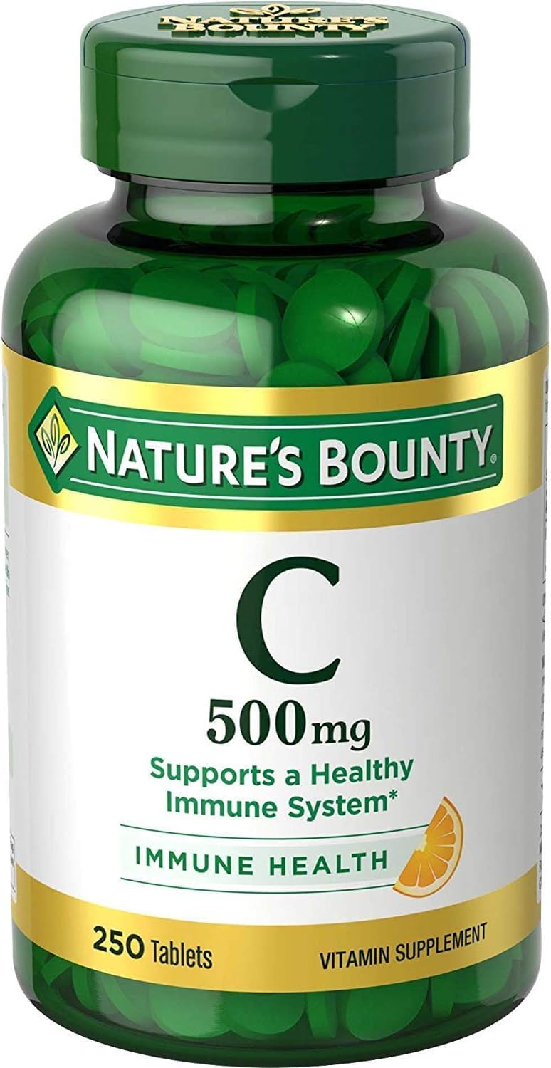 Nature's Bounty Vitamina C 500 mg, frente de la botella, apoyo diario al sistema inmune