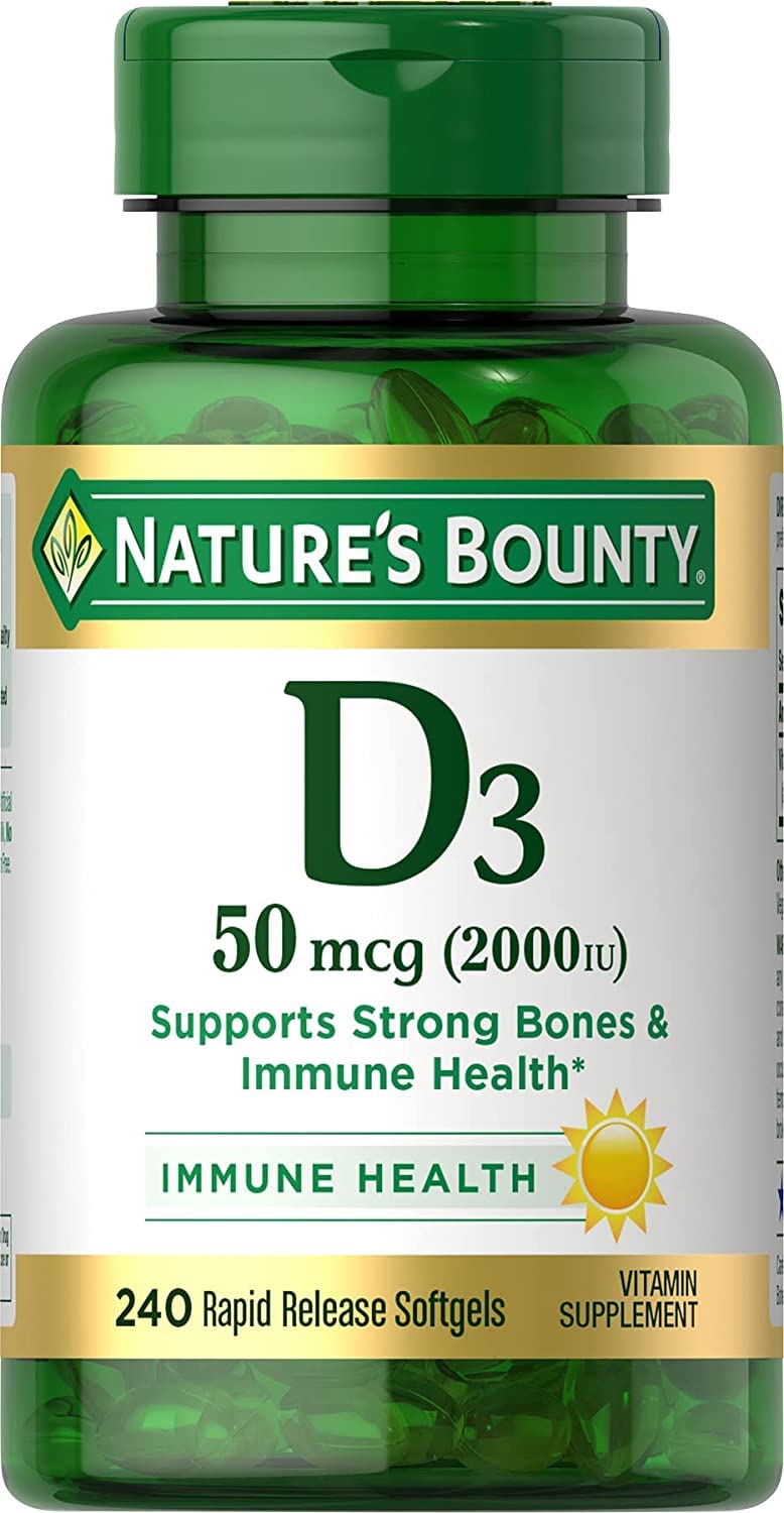 Nature's Bounty Vitamina D3 2000 UI, botella de cápsulas suaves para apoyar huesos fuertes.