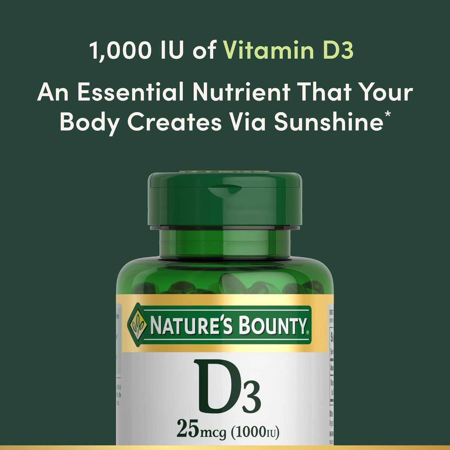 Nature's Bounty Vitamina D3 1000 etiqueta frontal, destaca la marca