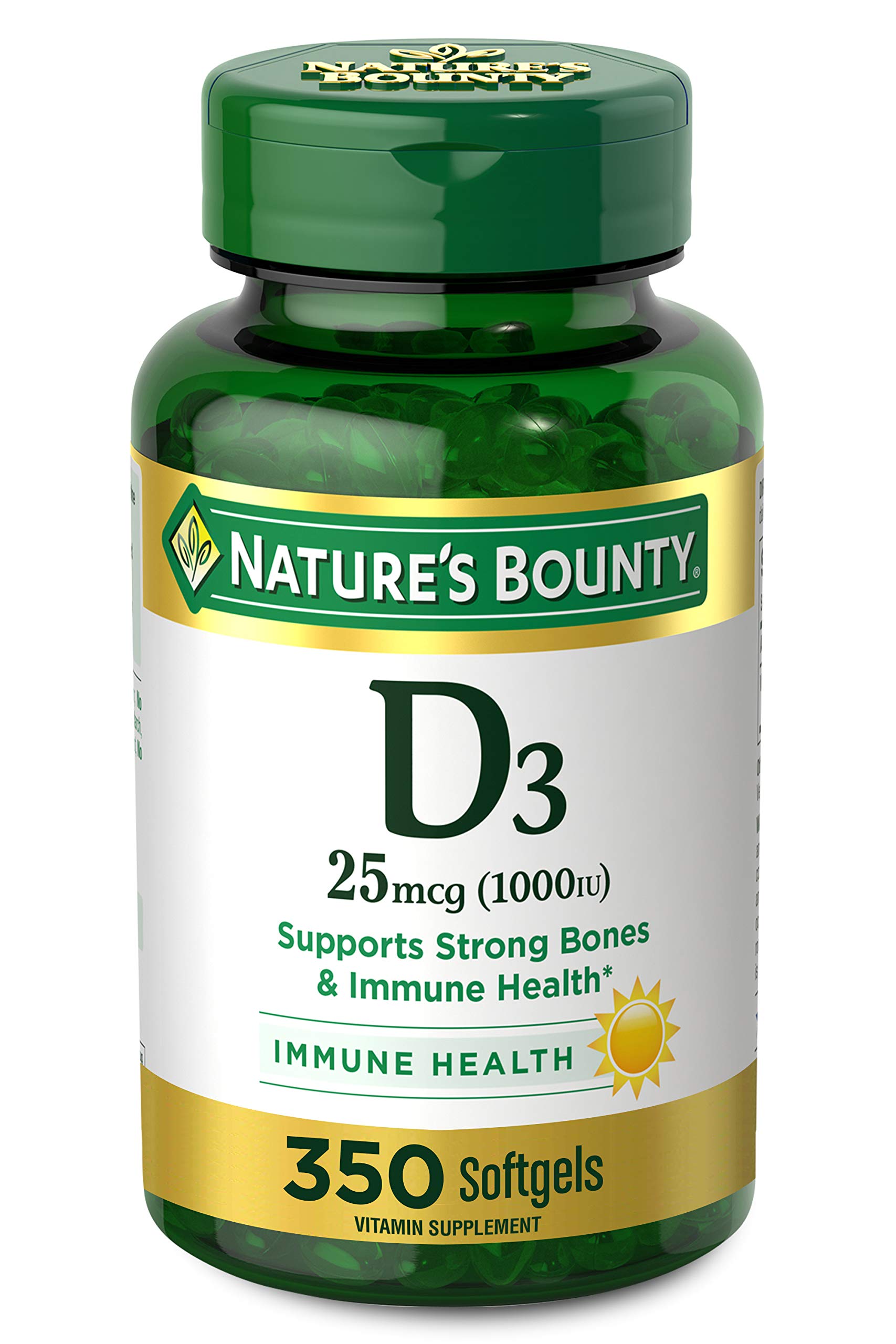 Nature's Bounty Vitamina D3 1000 UI, cápsulas blandas en botella frontal, apoyo diario a la salud ósea.
