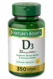 Nature's Bounty Vitamina D3 1000 UI, cápsulas blandas en botella frontal, apoyo diario a la salud ósea.