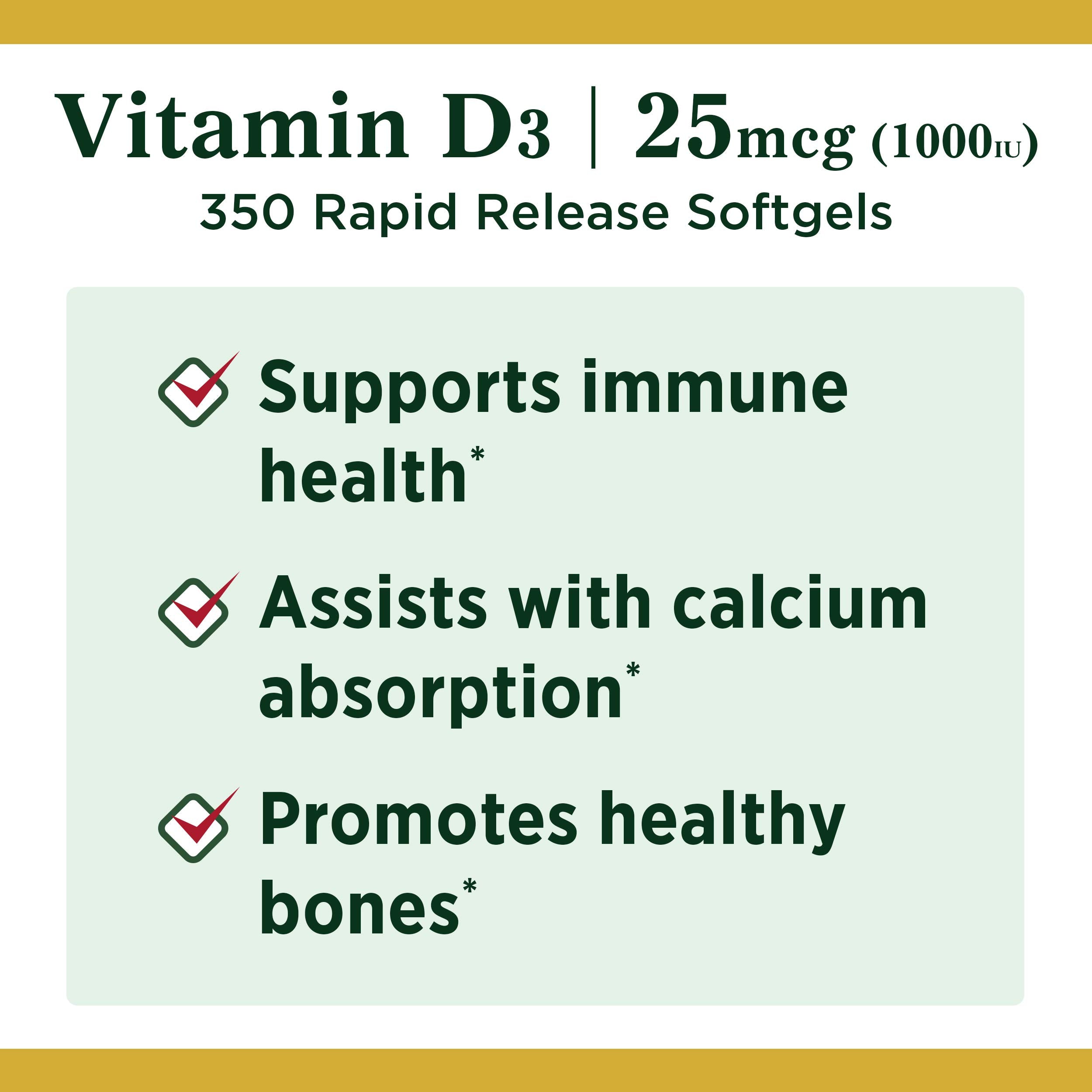 Nature's Bounty Vitamina D3 1000 UI, cápsulas blandas en primer plano, forma activa para la absorción.