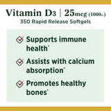 Nature's Bounty Vitamina D3 1000 UI, cápsulas blandas en primer plano, forma activa para la absorción.