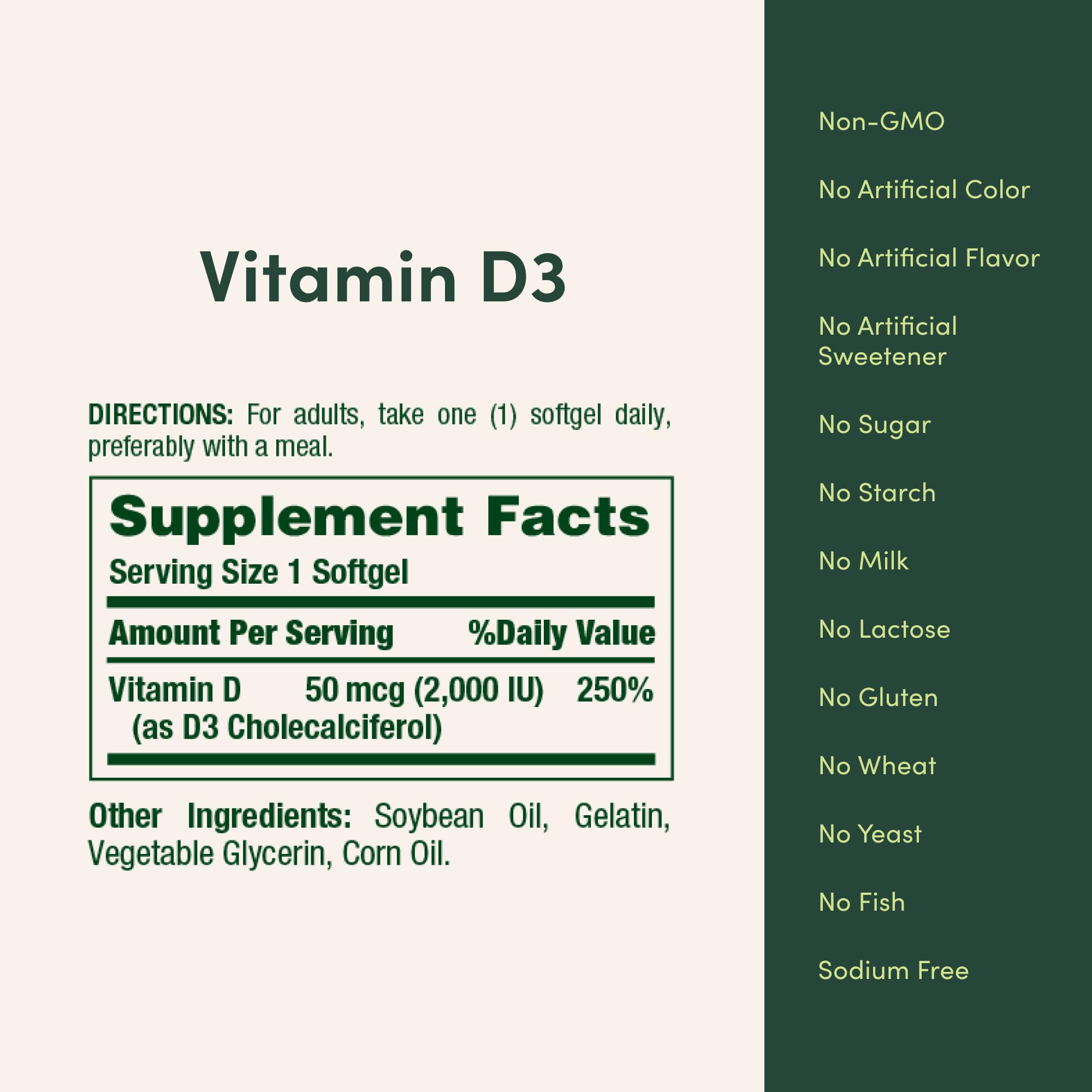 Etiqueta de Nature's Bounty Vitamina D3 sin gluten y sin OGM.