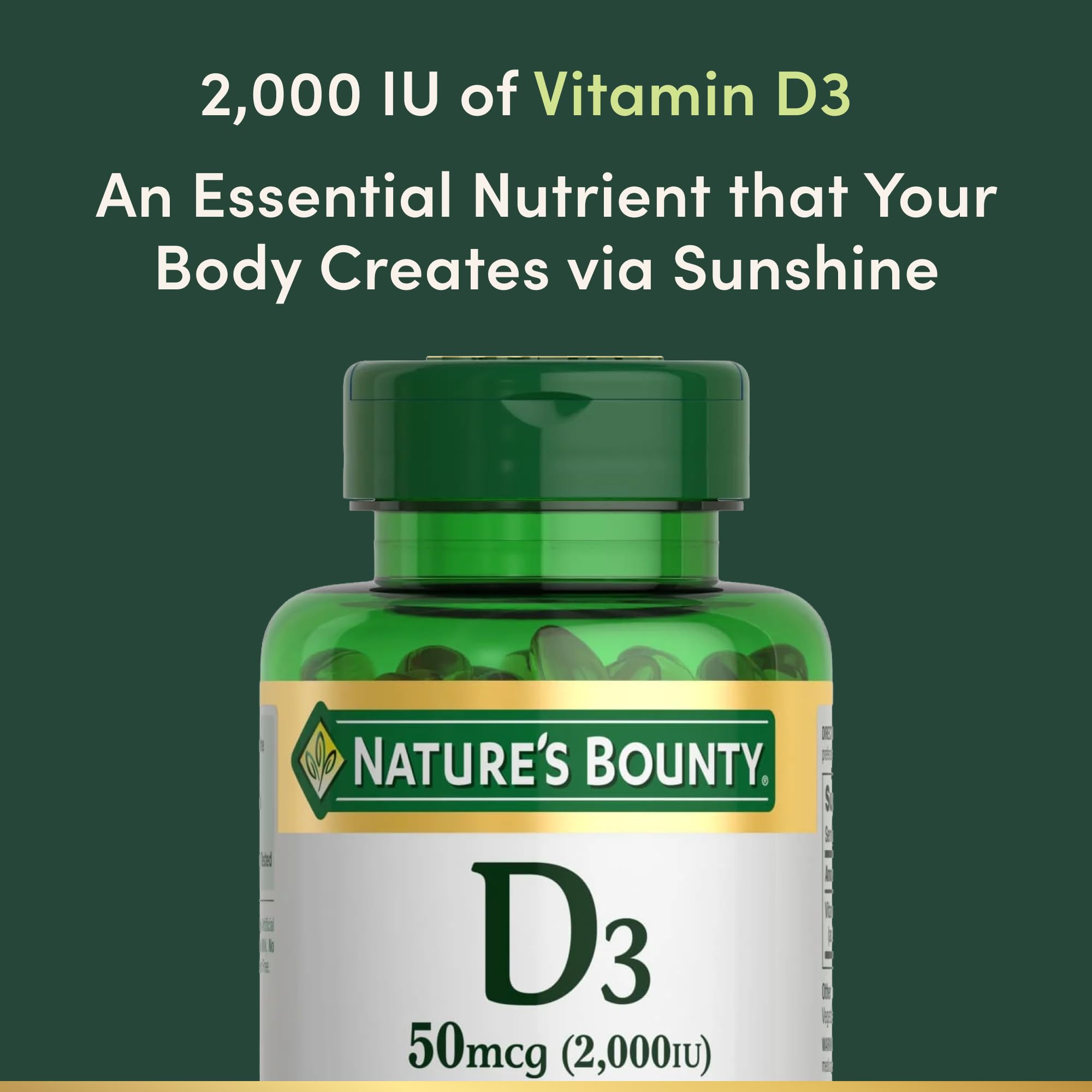 Nature's Bounty Vitamina D3 2000 IU favorece la absorción de calcio.