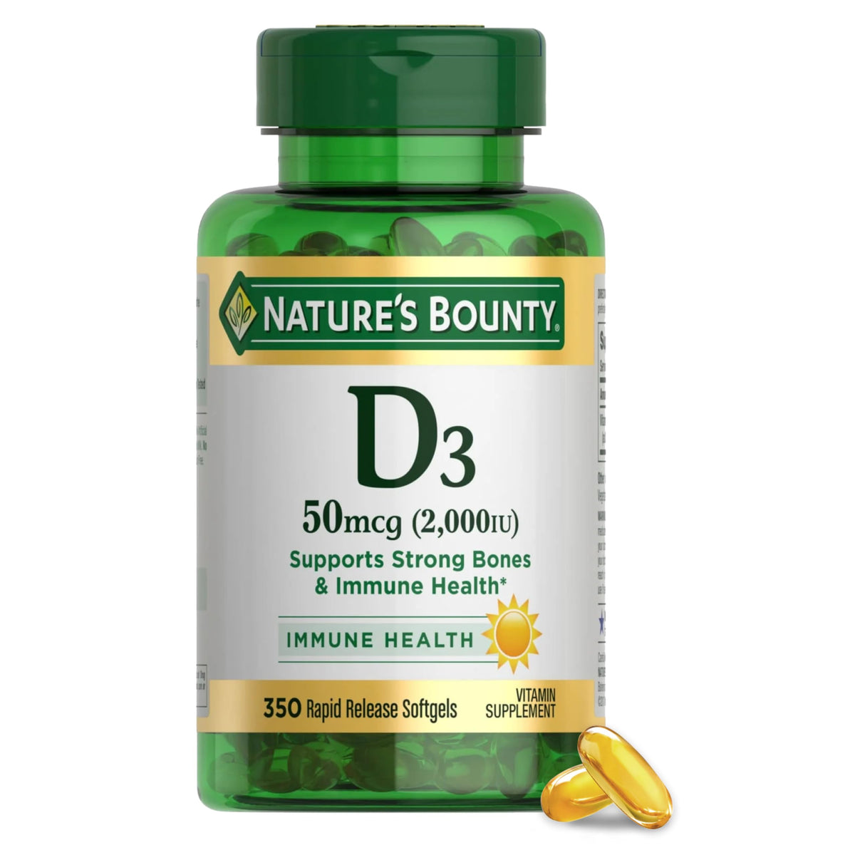 Nature's Bounty Vitamina D3 2000 IU en botella, apoyo a la salud inmunitaria.