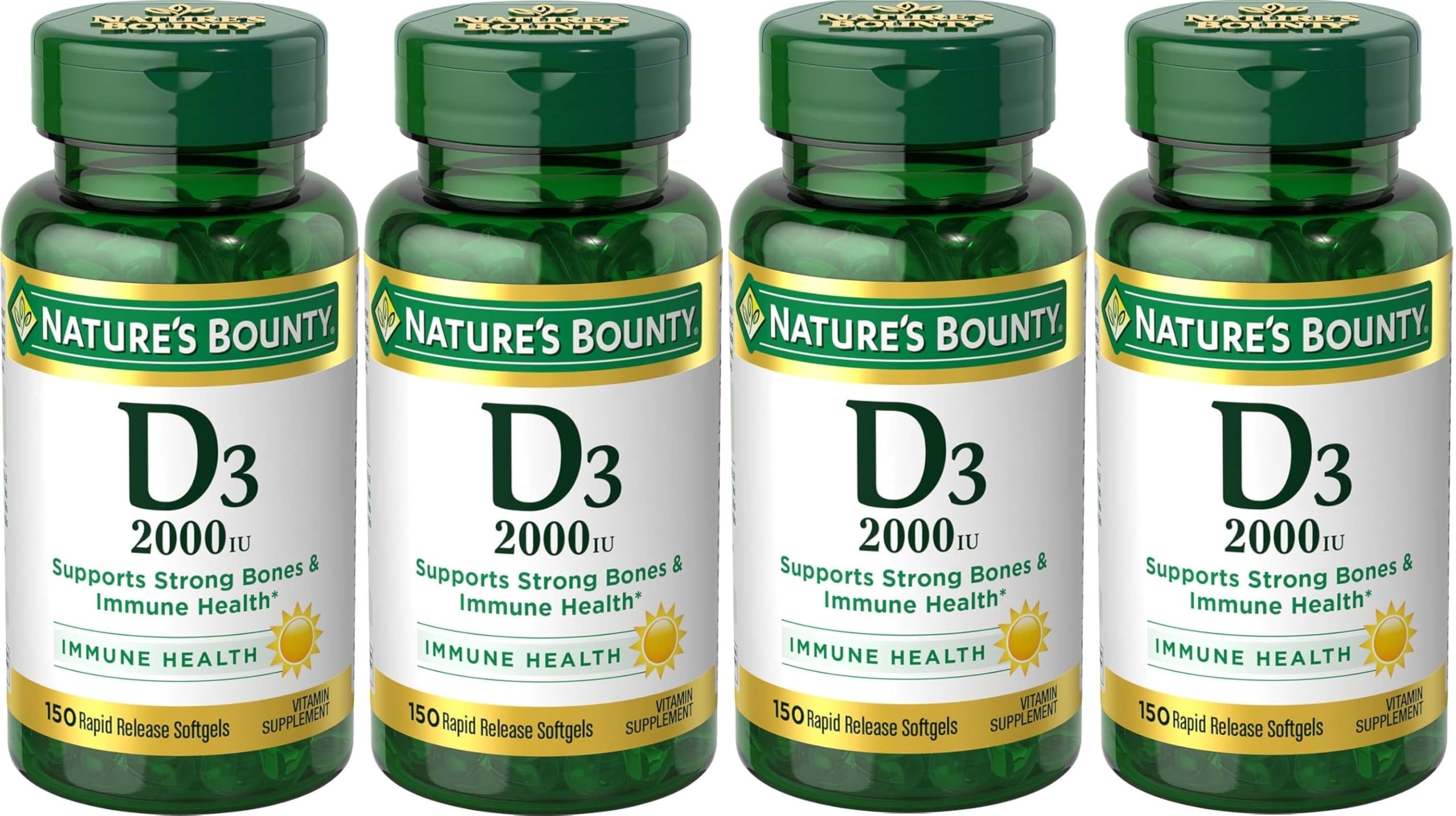 Nature's Bounty Vitamina D3 2000 UI, cápsulas de liberación rápida en frasco, apoya la absorción de calcio.