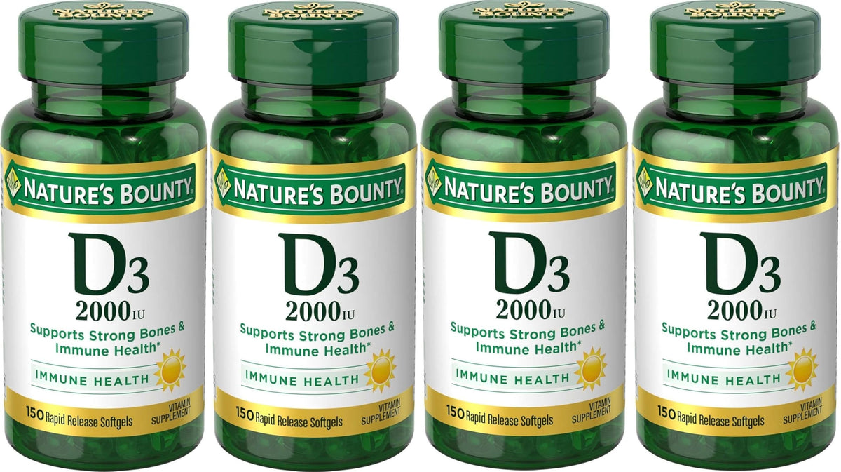 Nature's Bounty Vitamina D3 2000 UI, cápsulas de liberación rápida en frasco, apoya la absorción de calcio.