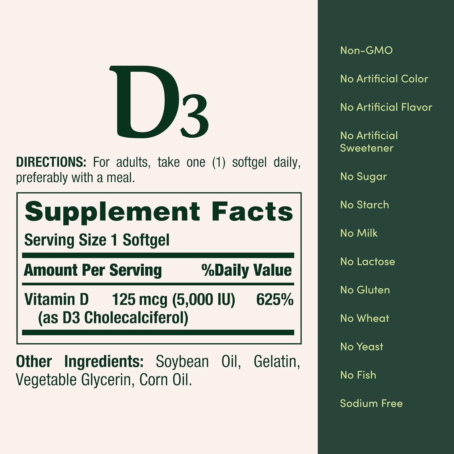 Nature's Bounty Vitamina D3 2000 UI, etiqueta clara que destaca beneficios para huesos e inmunidad.