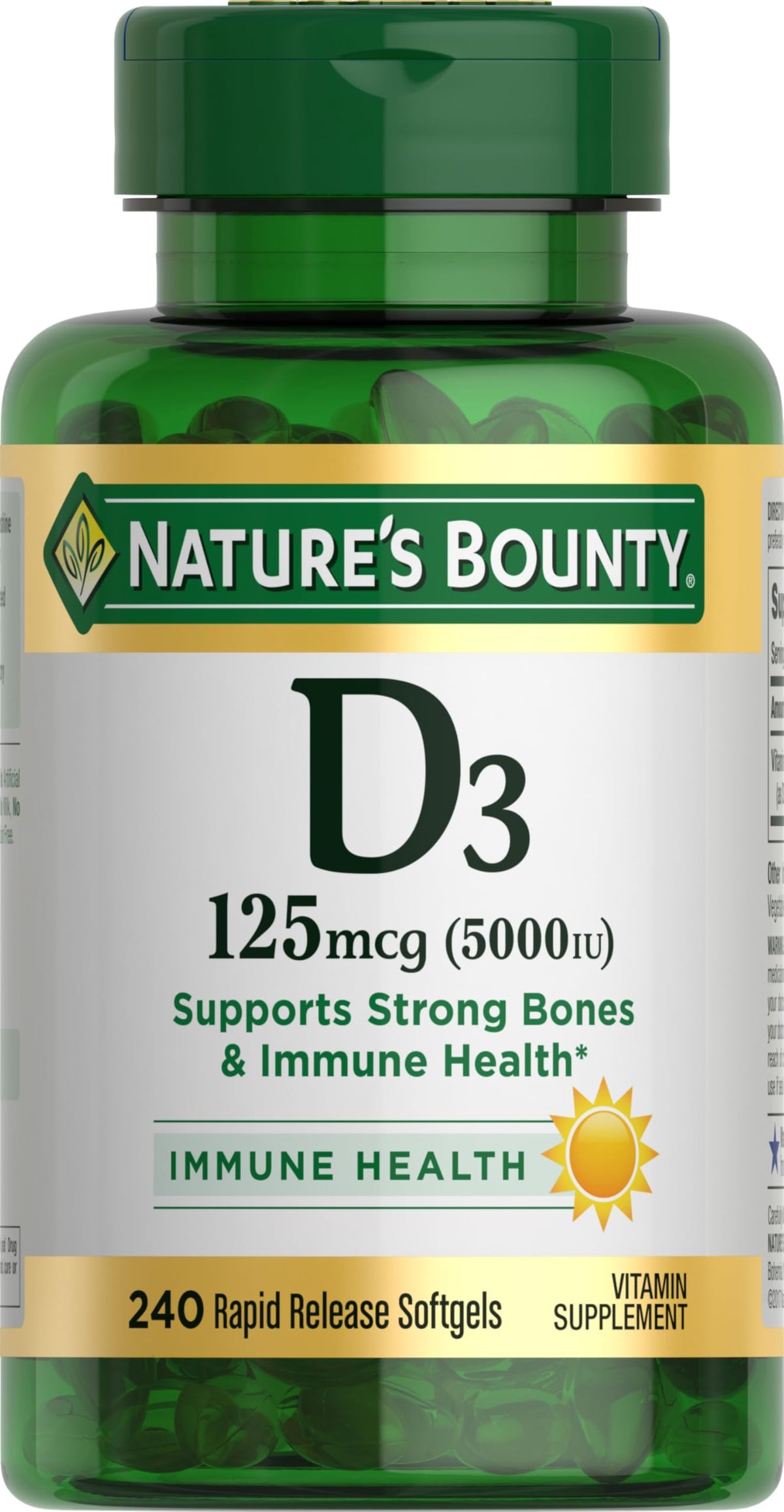 Nature's Bounty Vitamina D3, cápsulas suaves, botella para uso diario.