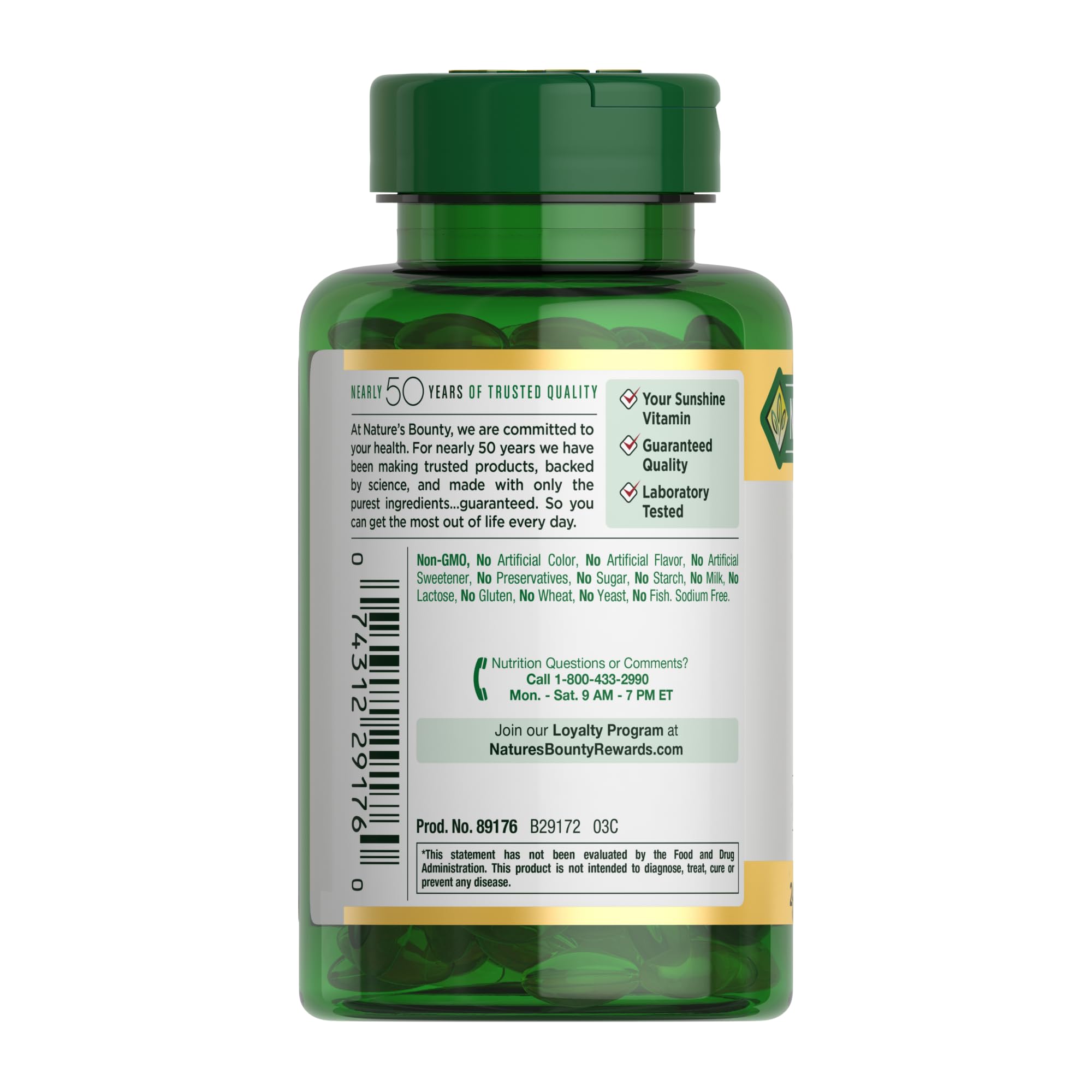 Nature's Bounty Vitamina D3, no GMO y sin azúcares.