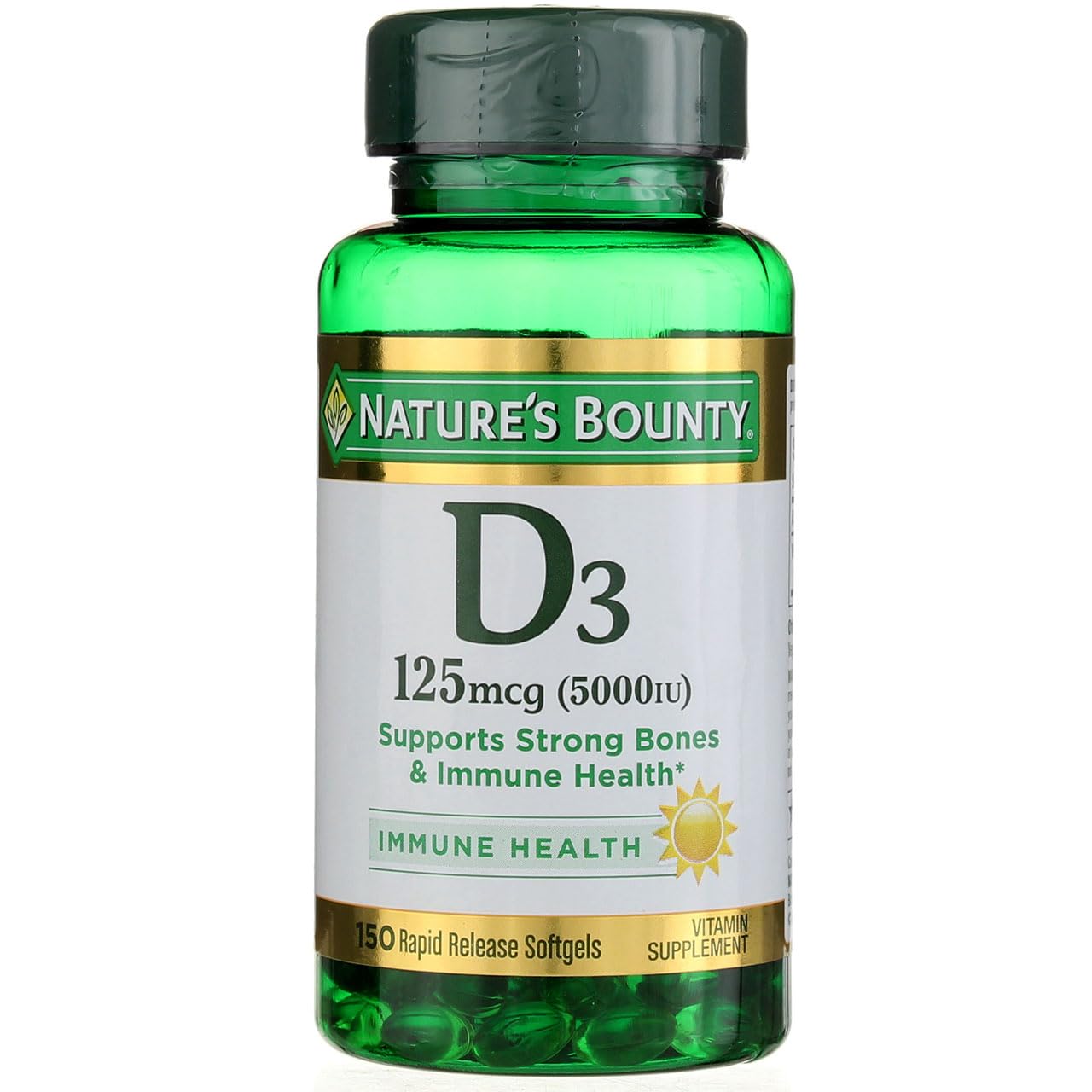 Nature's Bounty Vitamina D3 5000 UI, botella visible para apoyo diario de vitamina D.