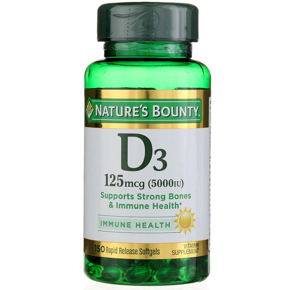 Nature's Bounty Vitamina D3 5000 UI, botella visible para apoyo diario de vitamina D.