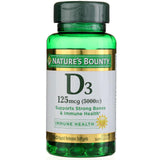 Nature's Bounty Vitamina D3 5000 UI, botella visible para apoyo diario de vitamina D.