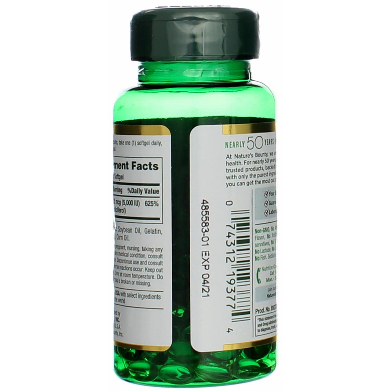 Nature's Bounty Vitamina D3 5000 UI, embalaje externo práctico para almacenar.