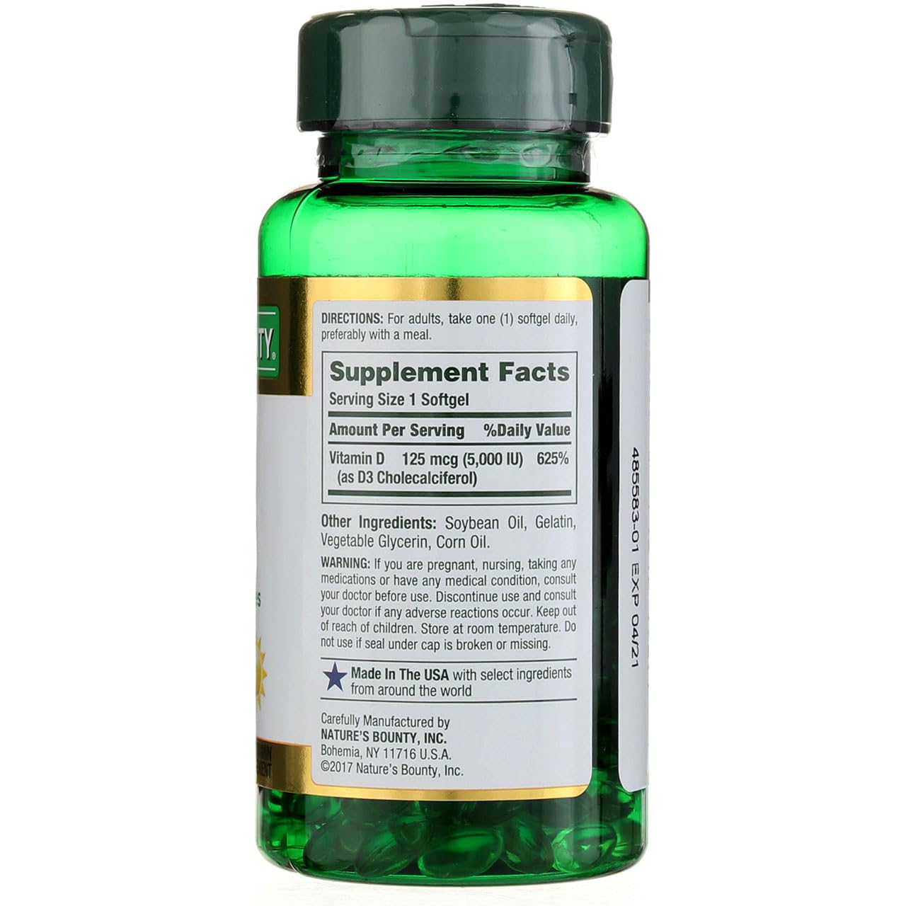Nature's Bounty Vitamina D3 5000 UI, etiqueta brillante para fácil reconocimiento.