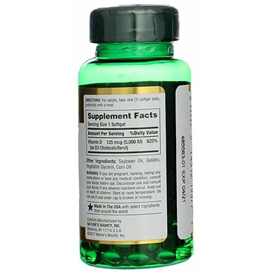 Nature's Bounty Vitamina D3 5000 UI, uso diario recomendado para complementar la rutina.