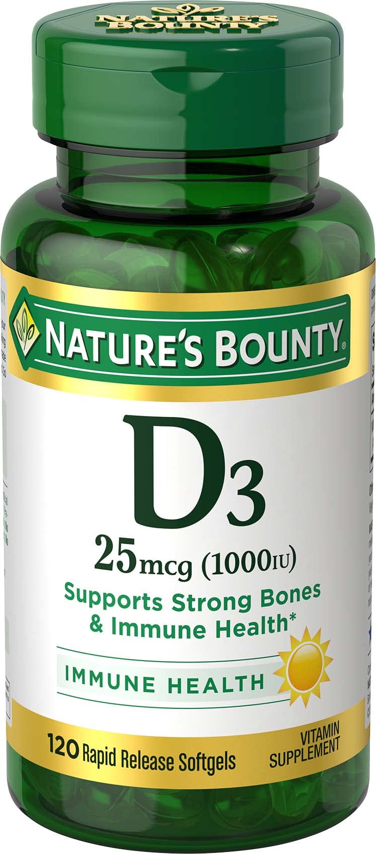 Nature's Bounty Vitamina D3: cápsulas blandas en botella para apoyo inmune