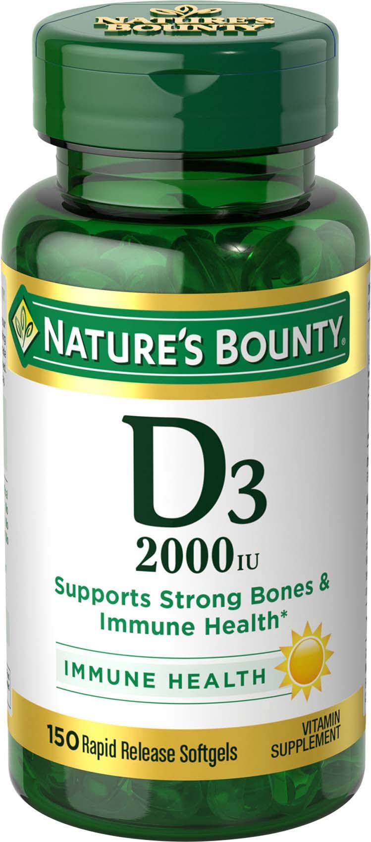 Nature's Bounty Vitamina D3, cápsulas blandas en botella para uso diario y apoyo inmunitario.
