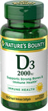 Nature's Bounty Vitamina D3, cápsulas blandas en botella para uso diario y apoyo inmunitario.