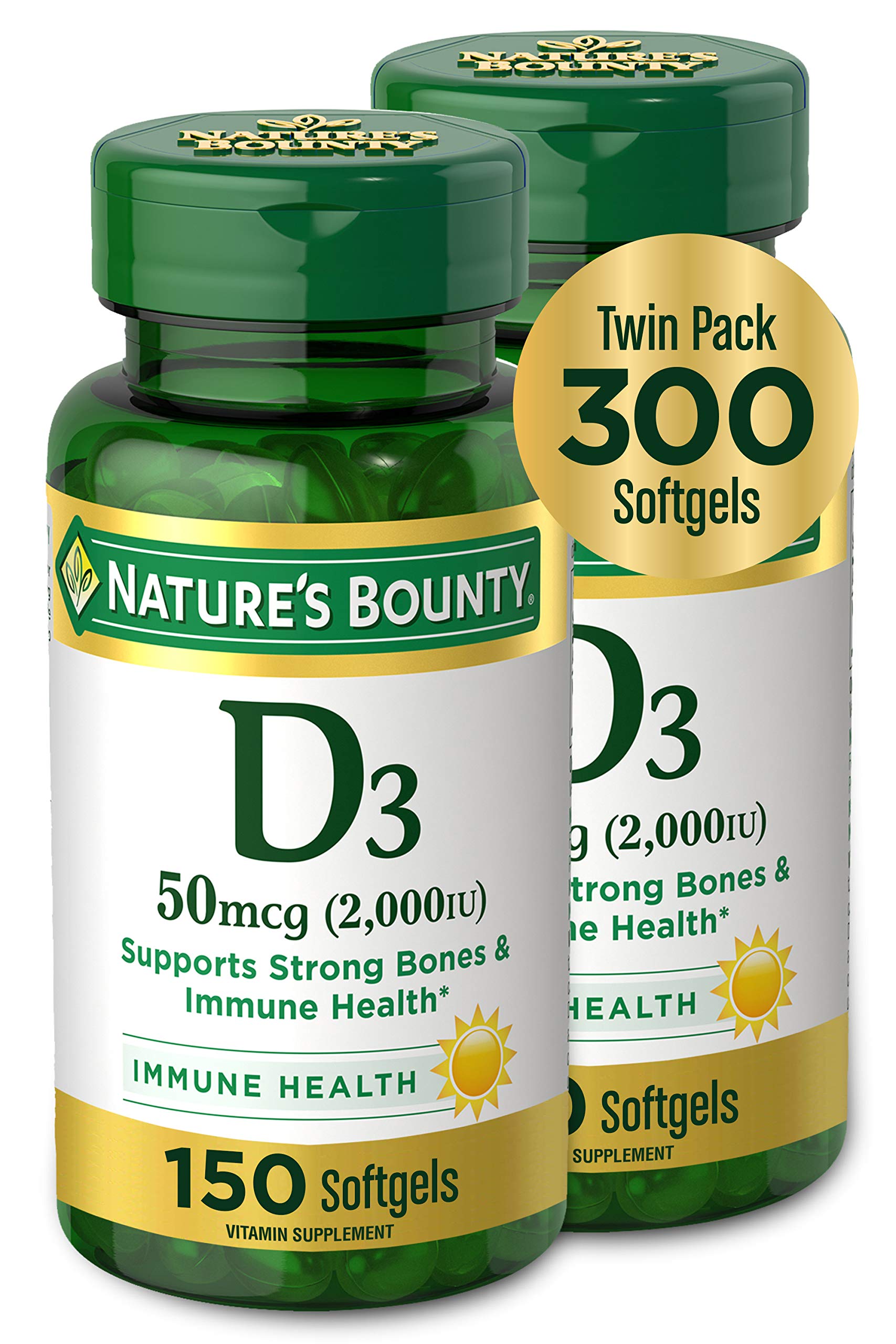 Nature's Bounty Vitamina D3 cápsulas suaves: botella visible para apoyo al sistema inmunológico.