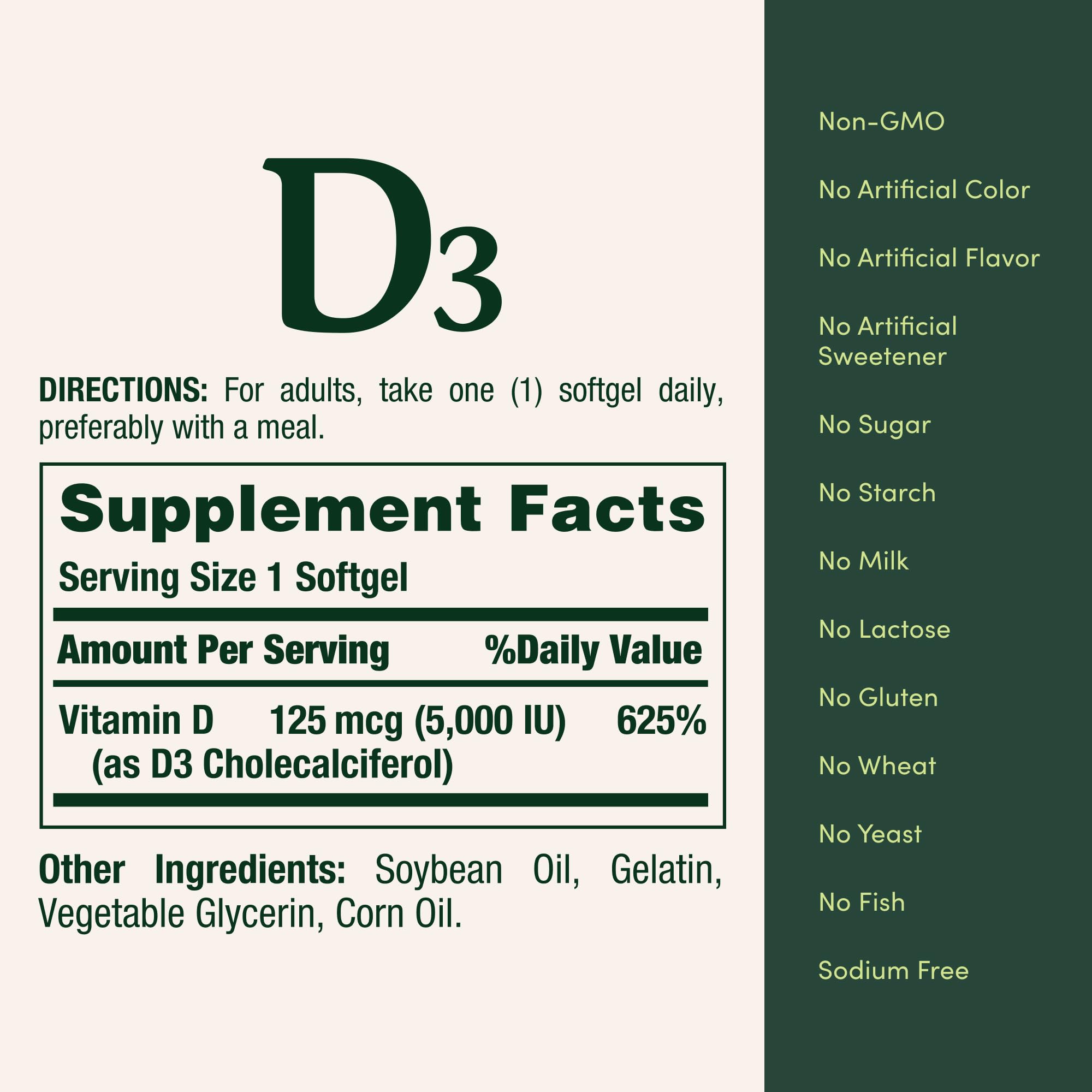 Nature's Bounty Vitamina D3, etiqueta que resalta pureza y ausencia de edulcorantes.