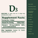 Nature's Bounty Vitamina D3, etiqueta que resalta pureza y ausencia de edulcorantes.