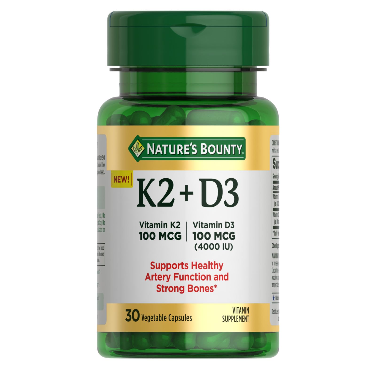 Nature's Bounty Vitamina D3 K2, botella con cápsulas vegetarianas para soporte óseo e inmunidad
