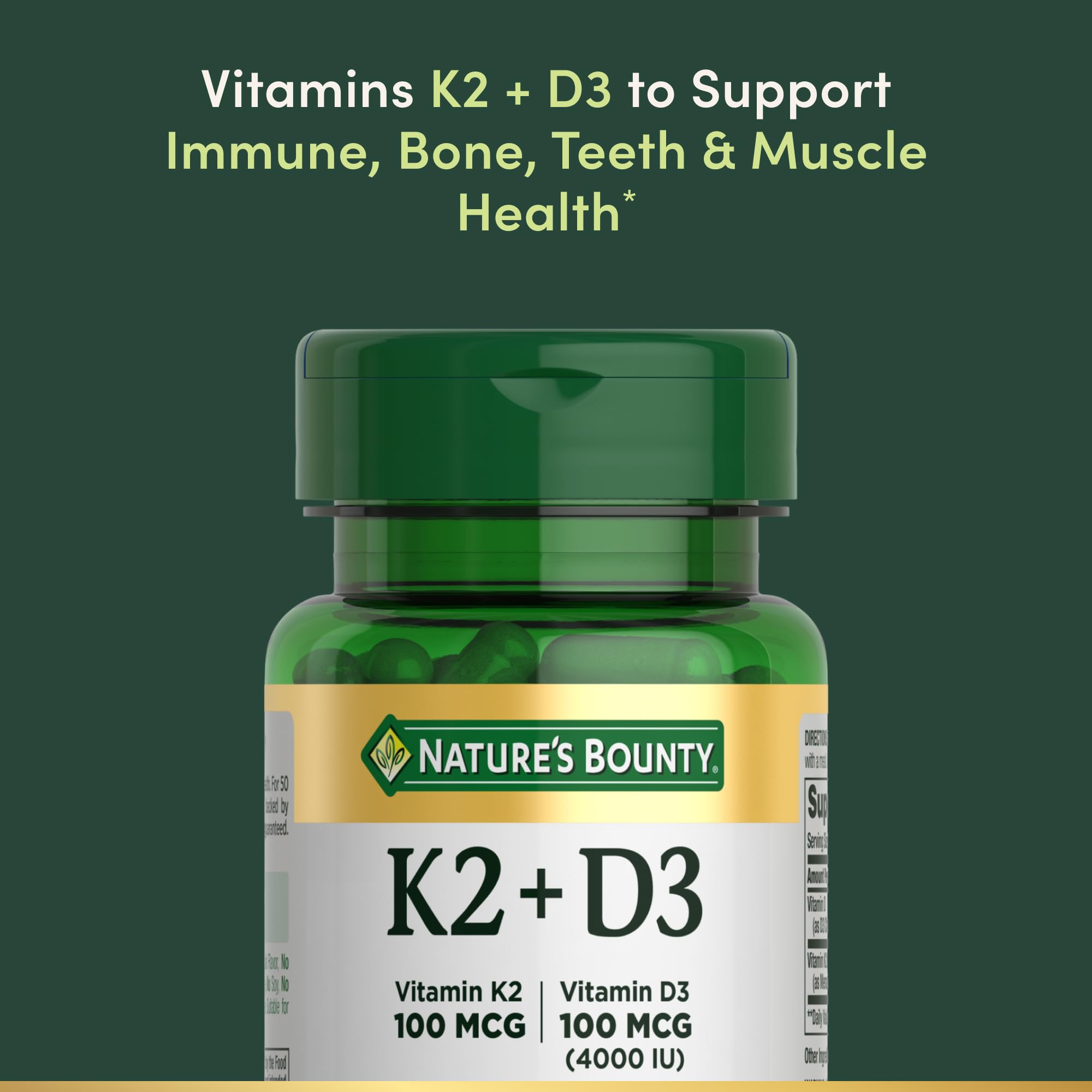Nature's Bounty Vitamina D3 y K2, etiqueta mostrando origen solar de la D3