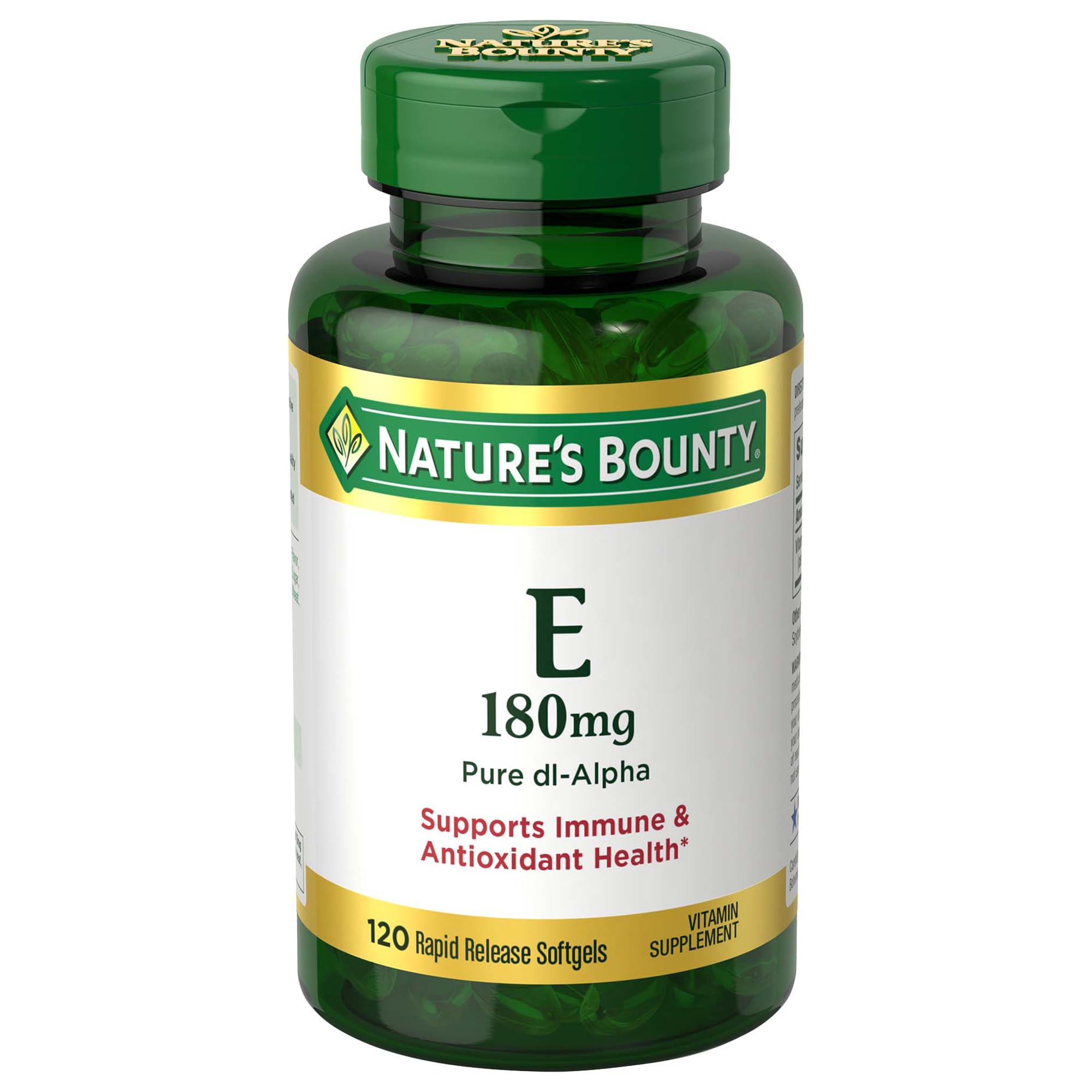 Nature's Bounty Vitamina E cápsulas suaves en frasco, apoyo antioxidante para el día a día.
