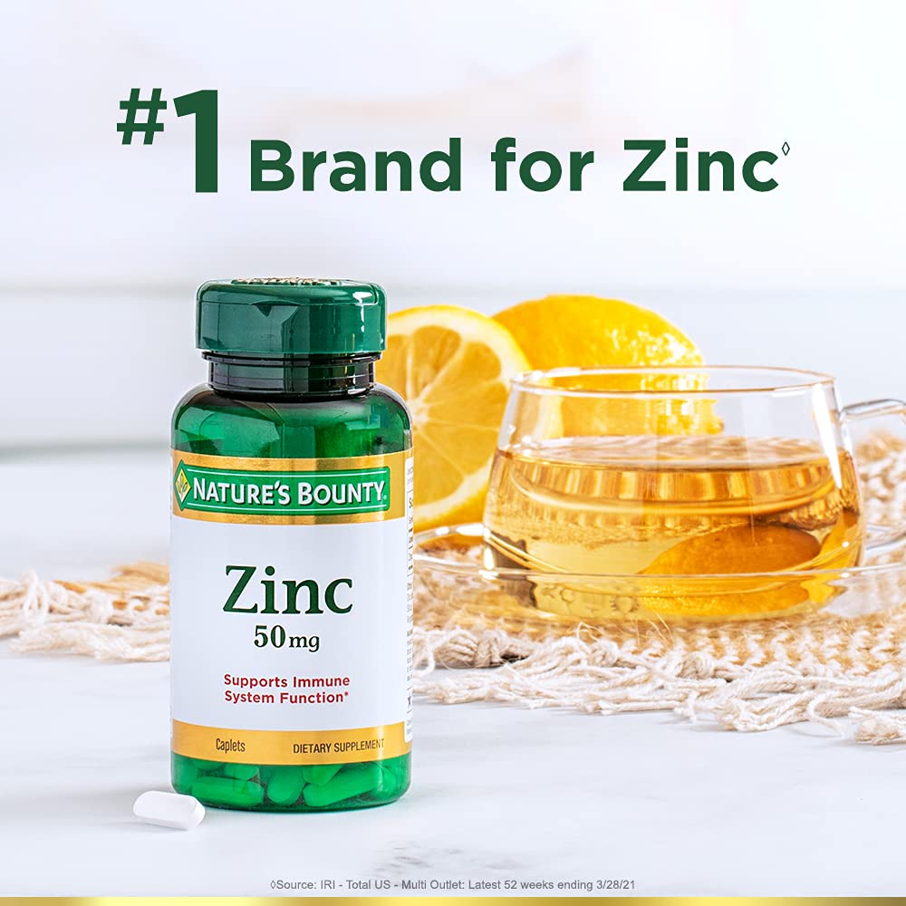 Nature's Bounty zinc 50 mg cápsulas, etiqueta clara con información.