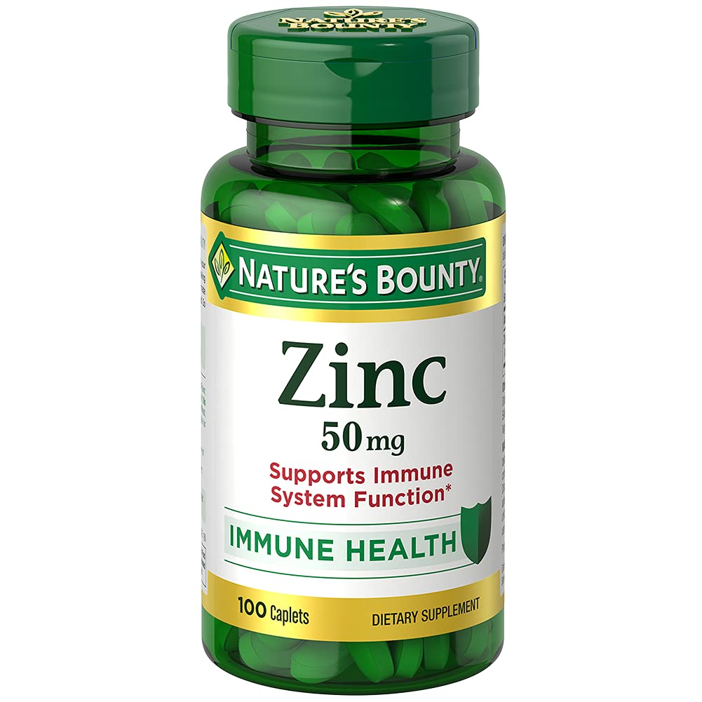 Nature's Bounty zinc 50 mg cápsulas sin sabor, empaque doble para uso diario.
