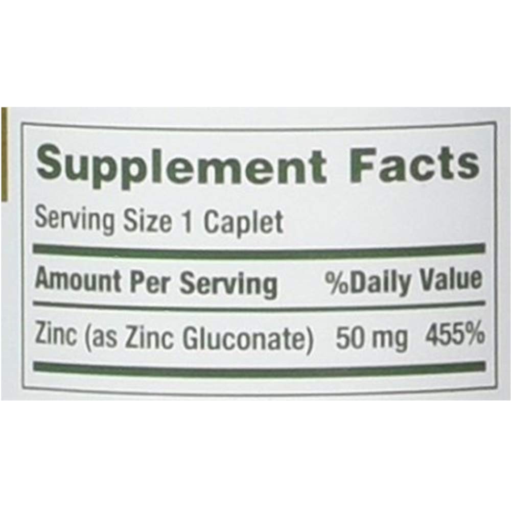 Nature's Bounty Zinc 50 mg, empaque trasero con ingredientes