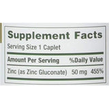 Nature's Bounty Zinc 50 mg, empaque trasero con ingredientes