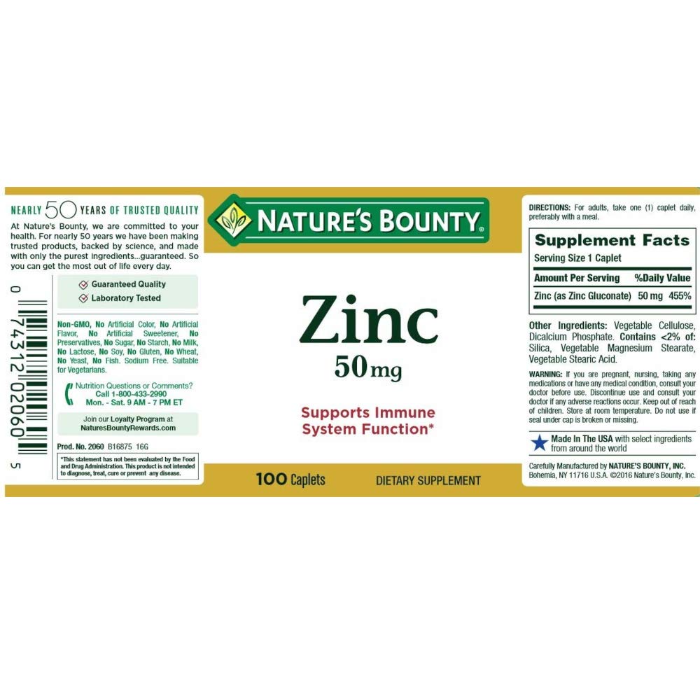 Nature's Bounty Zinc 50 mg, empaque frontal con información clave