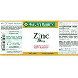 Nature's Bounty Zinc 50 mg, empaque frontal con información clave