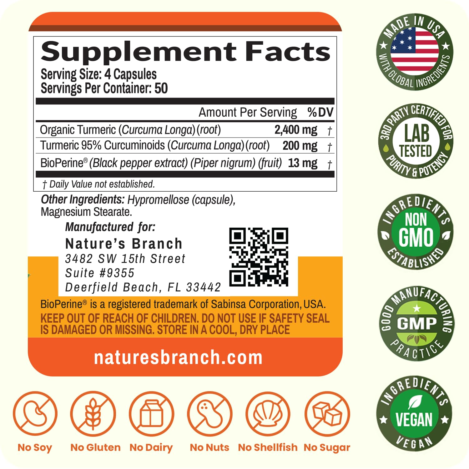 NATURE'S BRANCH Comprimidos veganos, sin gluten ni lactosa.