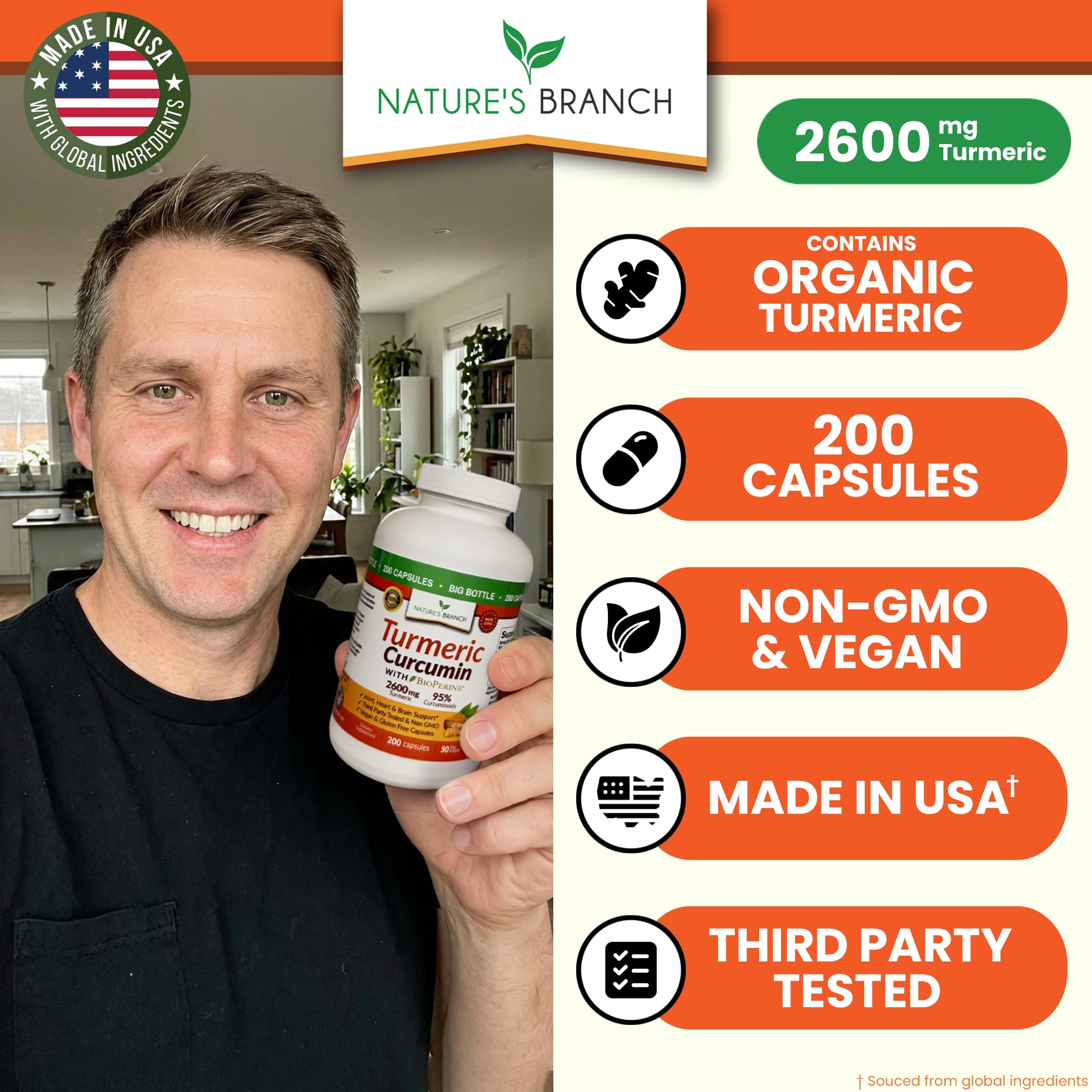 NATURE'S BRANCH Turmeric Curcumin: cápsulas veganas para uso activo diario.