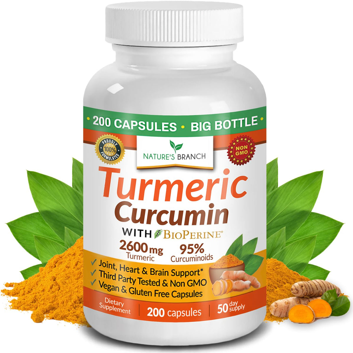 NATURE'S BRANCH Turmeric Curcumin: botella cerrada para apoyo diario de movilidad.