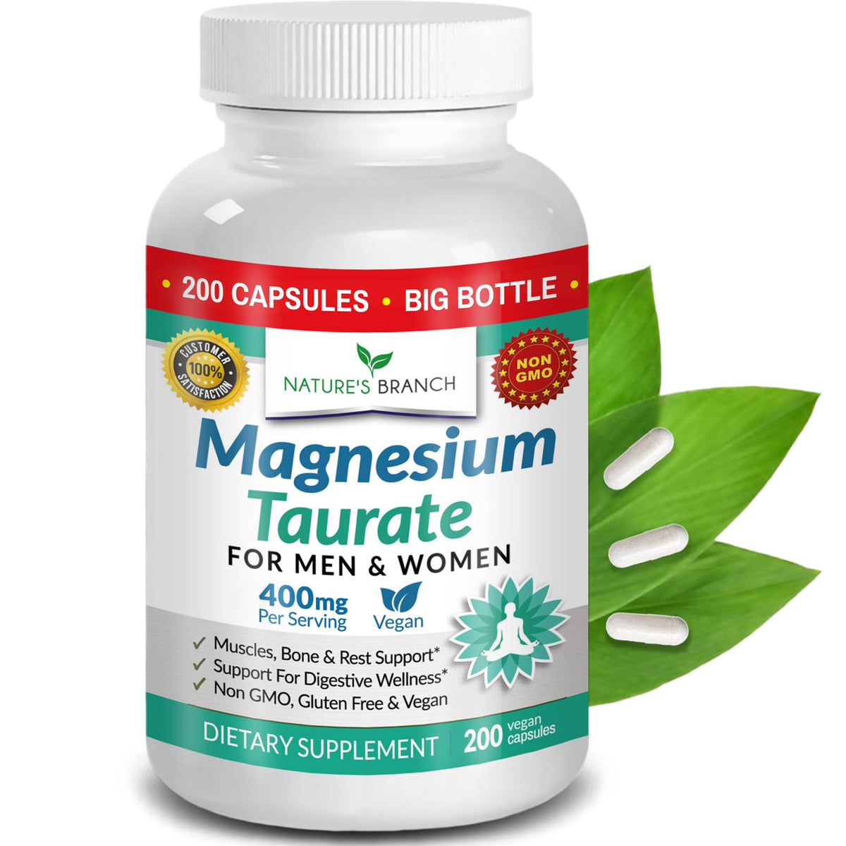 NATURE'S BRANCH Magnesio Taurato 400 mg: cápsulas pequeñas para uso diario.