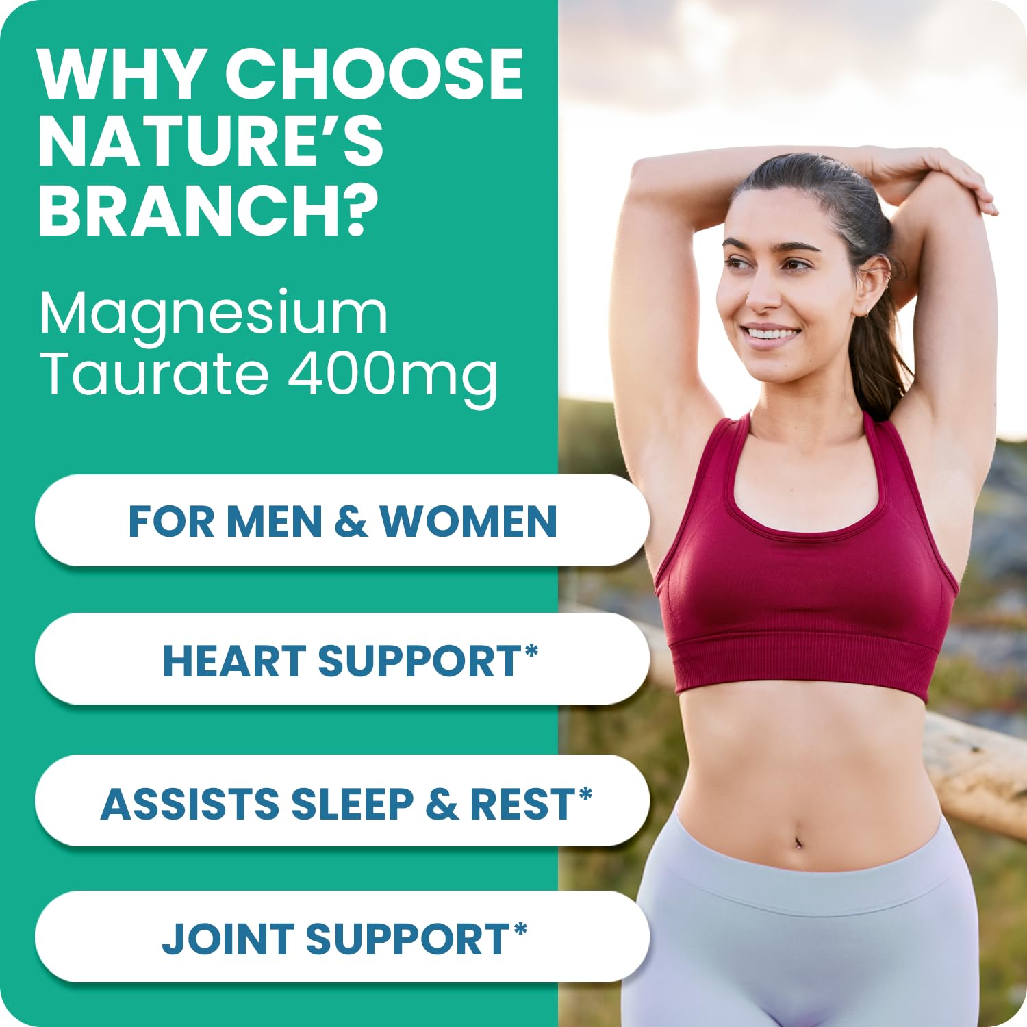 NATURE'S BRANCH Magnesio Taurato 400 mg: fórmula vegana y sin OGM.
