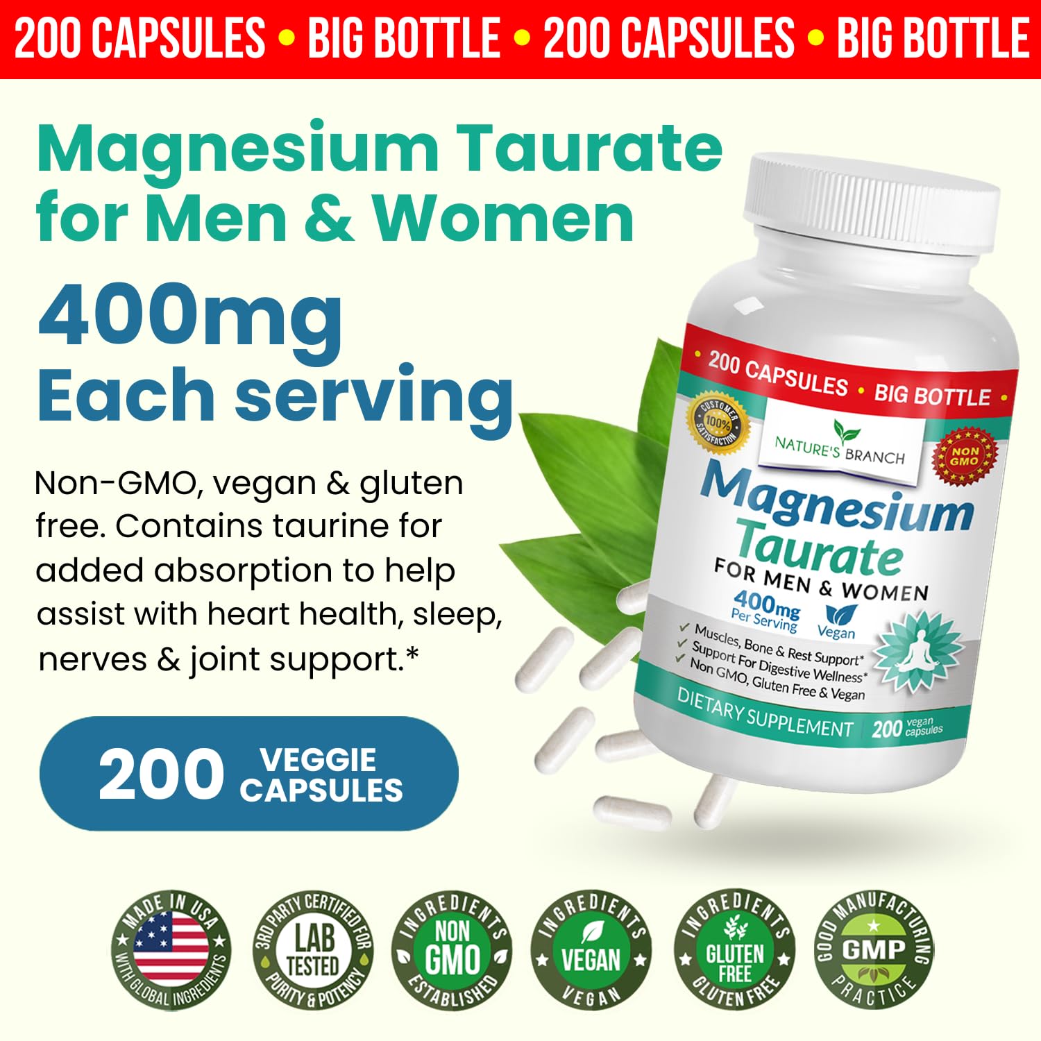 NATURE'S BRANCH Magnesio Taurato 400 mg: apoyo para sueño y calma.