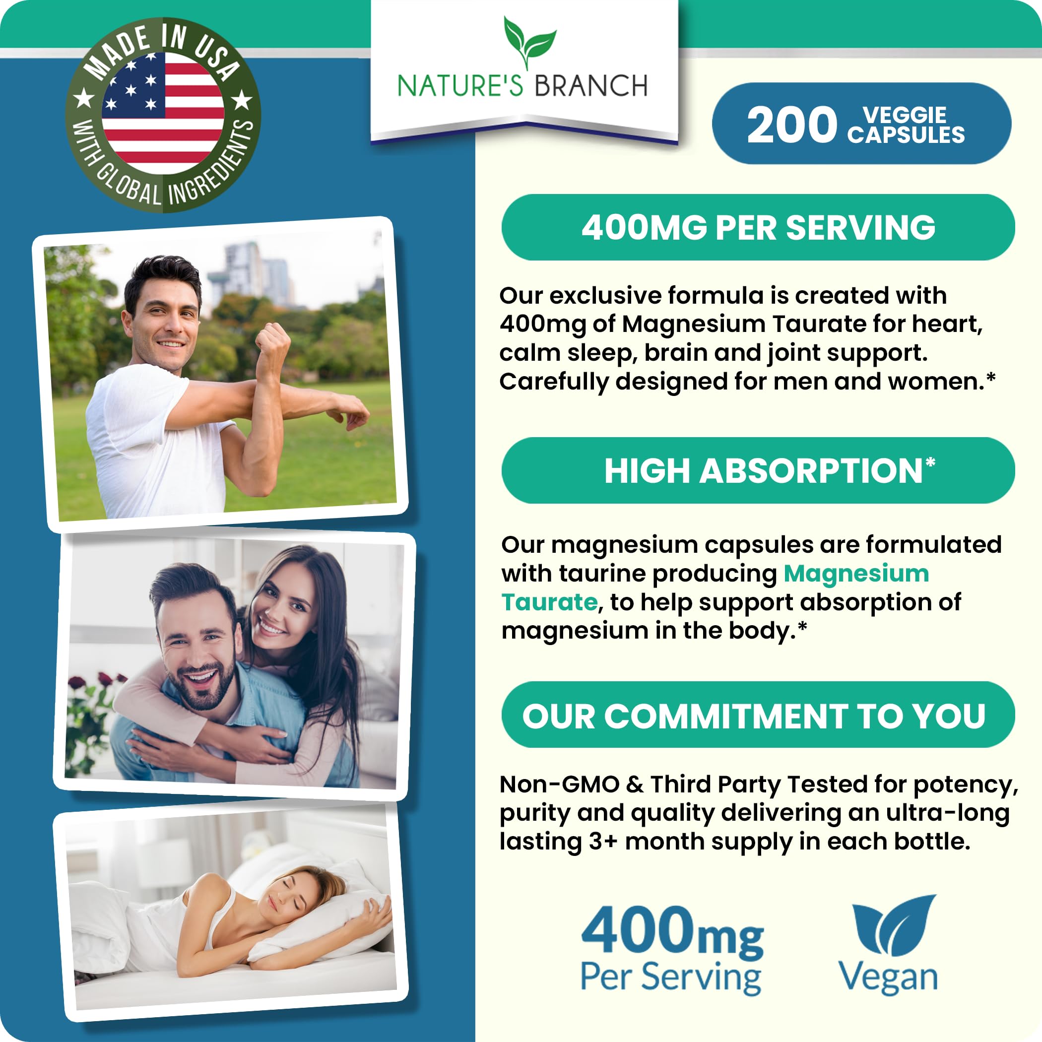 NATURE'S BRANCH Magnesio Taurato 400 mg: hecho en EE. UU. y libre de gluten.